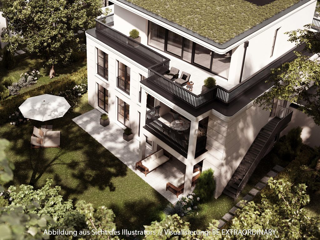 Blick von oben auf einen Mehrfamilienhaus-Neubau mit begrüntem Flachdach
