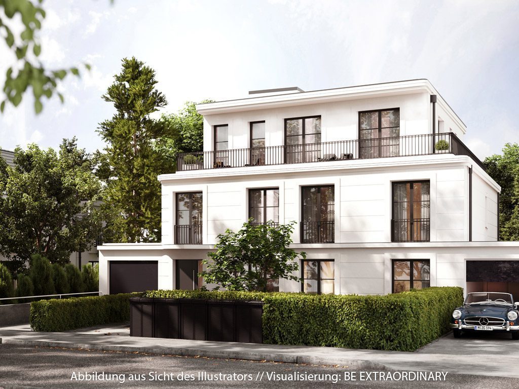 Heller Neubau mit Flachdach und Garage, vor der ein Oldtimer steht