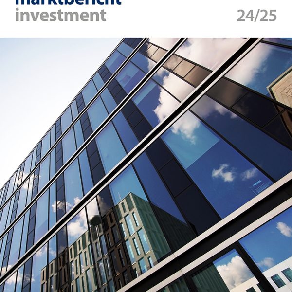 Cover immobilien marktbericht investment 24/25 mit Ansicht eines gläsernen Bürohochhauses