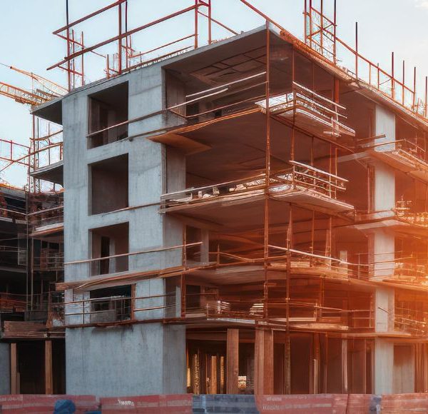 Baustelle einer modernen Wohnanlage in München mit Rohbauten und Baukränen bei Sonnenuntergang