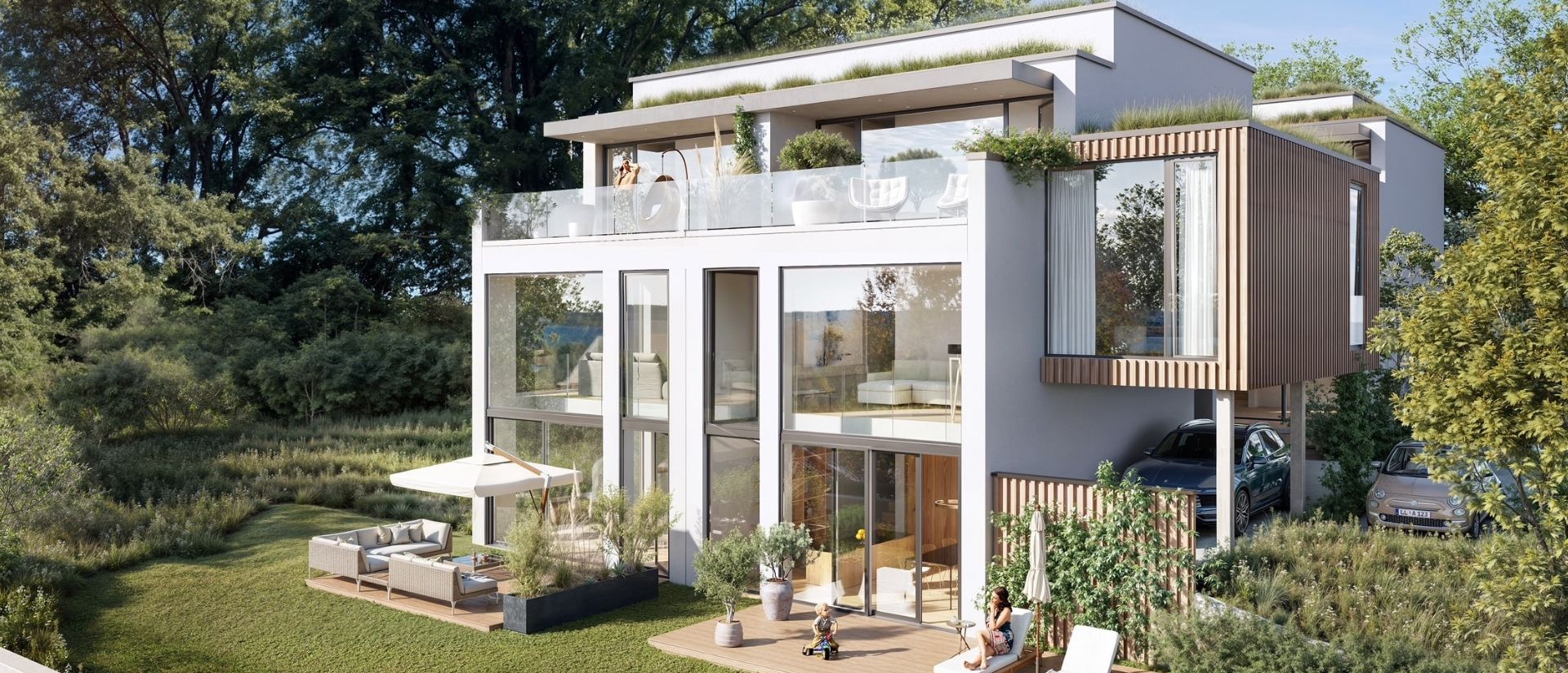 Moderne Villa mit großen Glasfronten, Dachterrasse, Holz-Elementen und gepflegtem Garten in naturnaher Lage