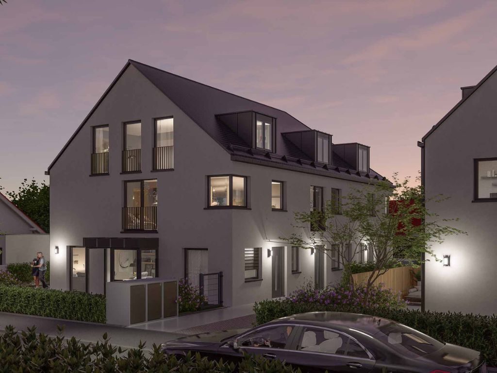Visualisierung eines modernen Reihenhauses in München-Lochhausen am Abend, mit stilvoller Außenbeleuchtung und Carport