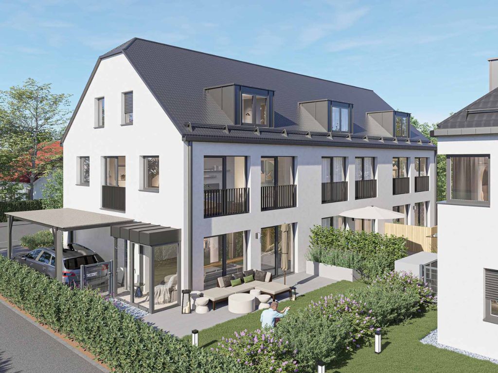Gesamtansicht einer modernen Neubau-Wohnanlage in München mit großen Fensterfronten, Garten und überdachten Stellplätzen