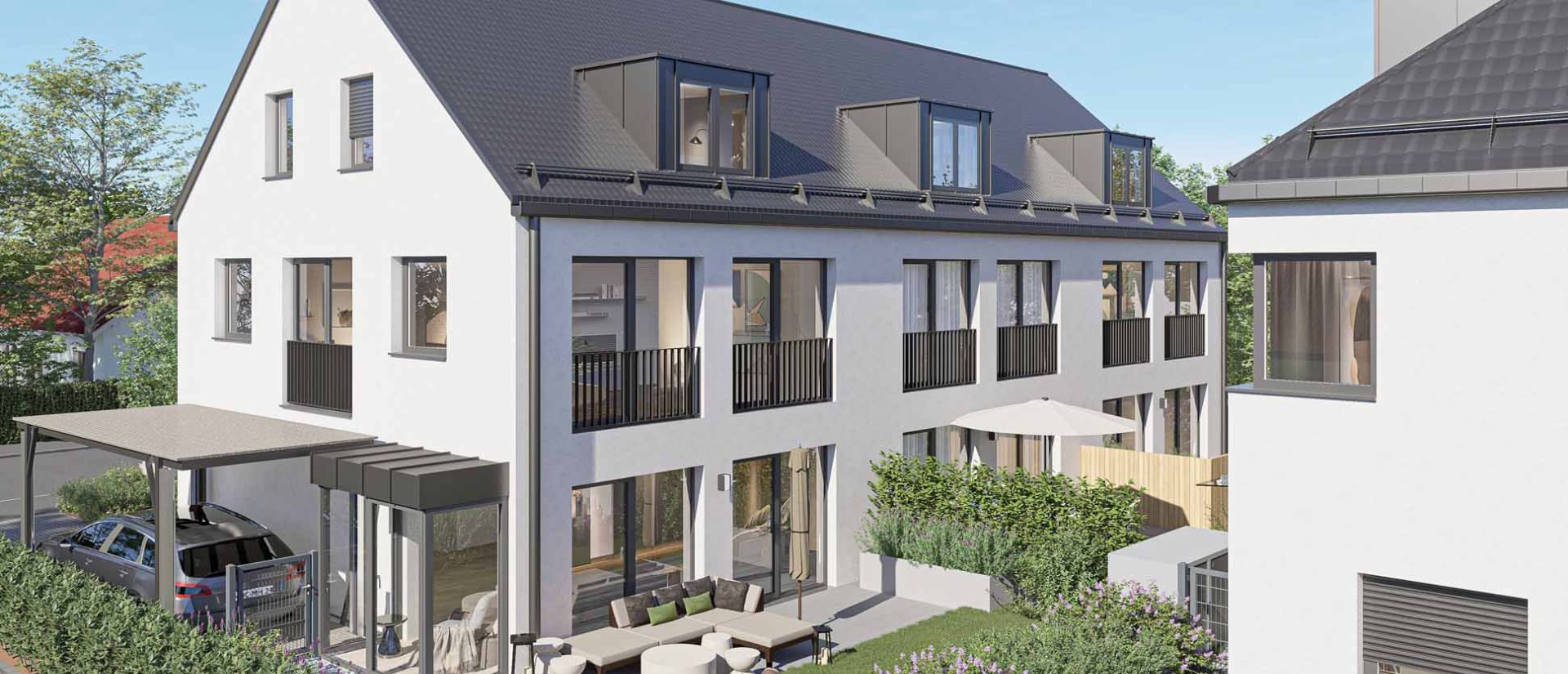 Visualisierung eines modernen Reihenhauses in München mit Garten, Balkonen und Carport