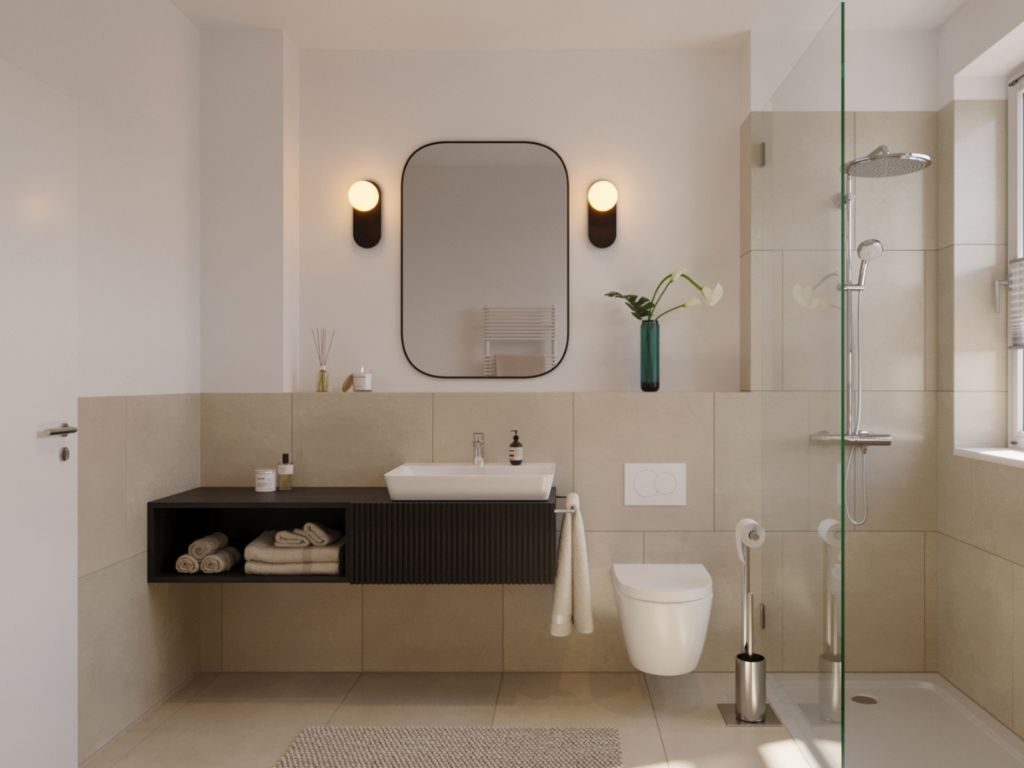Hochwertig ausgestattetes Badezimmer in einer Münchner Neubauwohnung mit bodengleicher Dusche, Hänge-WC und stilvollem Waschtisch