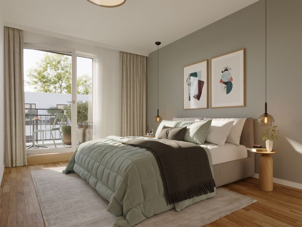 Helles, modern eingerichtetes Schlafzimmer mit Zugang zum Balkon in einer Münchner Eigentumswohnung – stilvolle Einrichtung mit Doppelbett und Wandbildern
