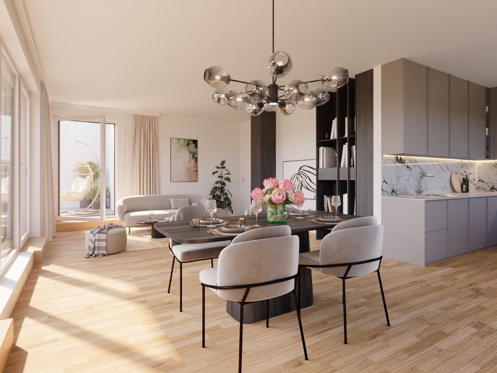 Großzügiger Wohn- und Essbereich mit moderner Einbauküche, Designerleuchte und Zugang zur Terrasse in einer Münchner Neubauwohnung