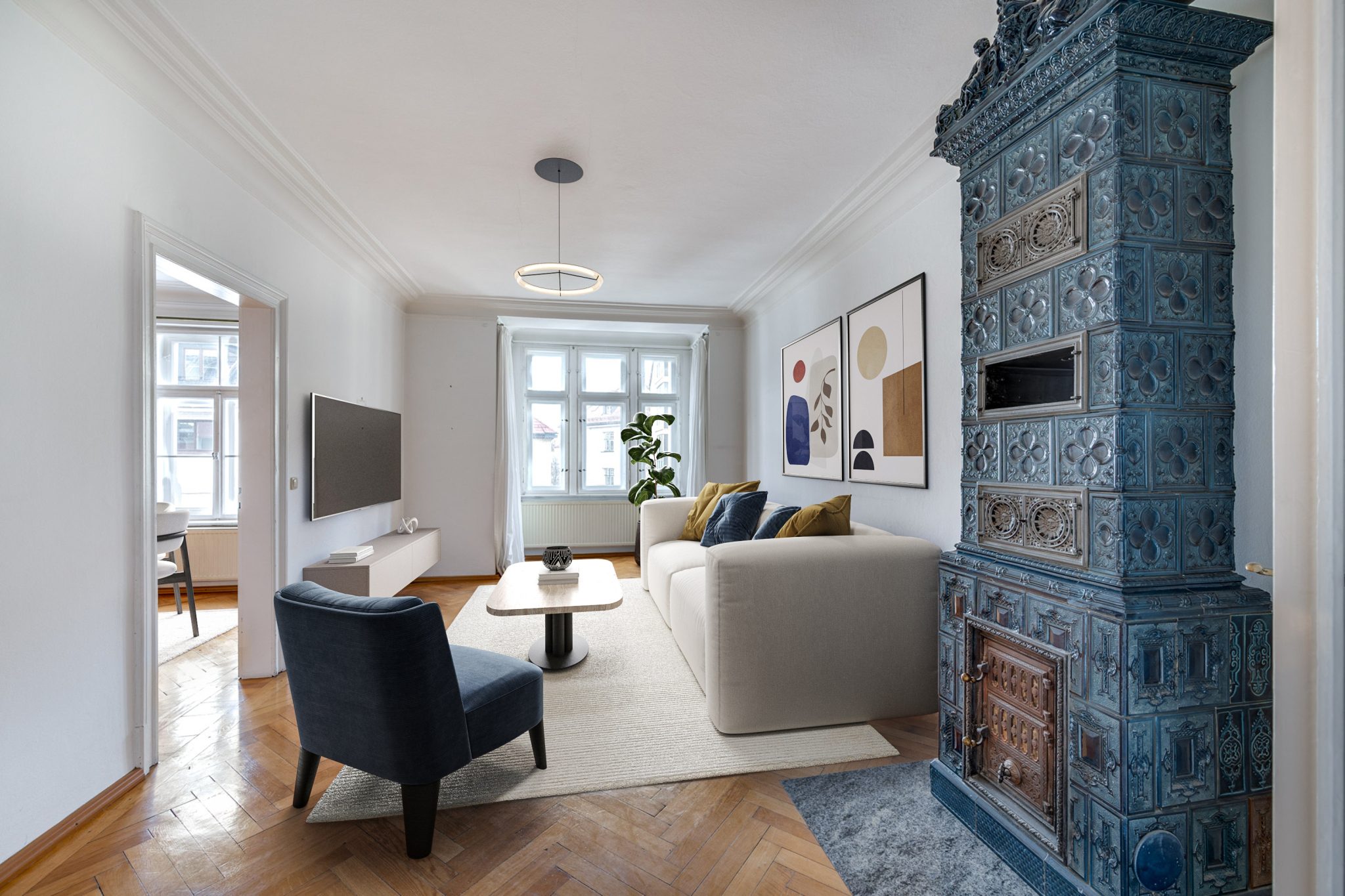 000KurzWohnzimmer Aigner Immobilien GmbH - Immobilienangebot - 80634 München - Neuhausen - Etagenwohnung - Wunderschöne 4-Zimmer Altbauwohnung mit Balkon mitten in Neuhausen
