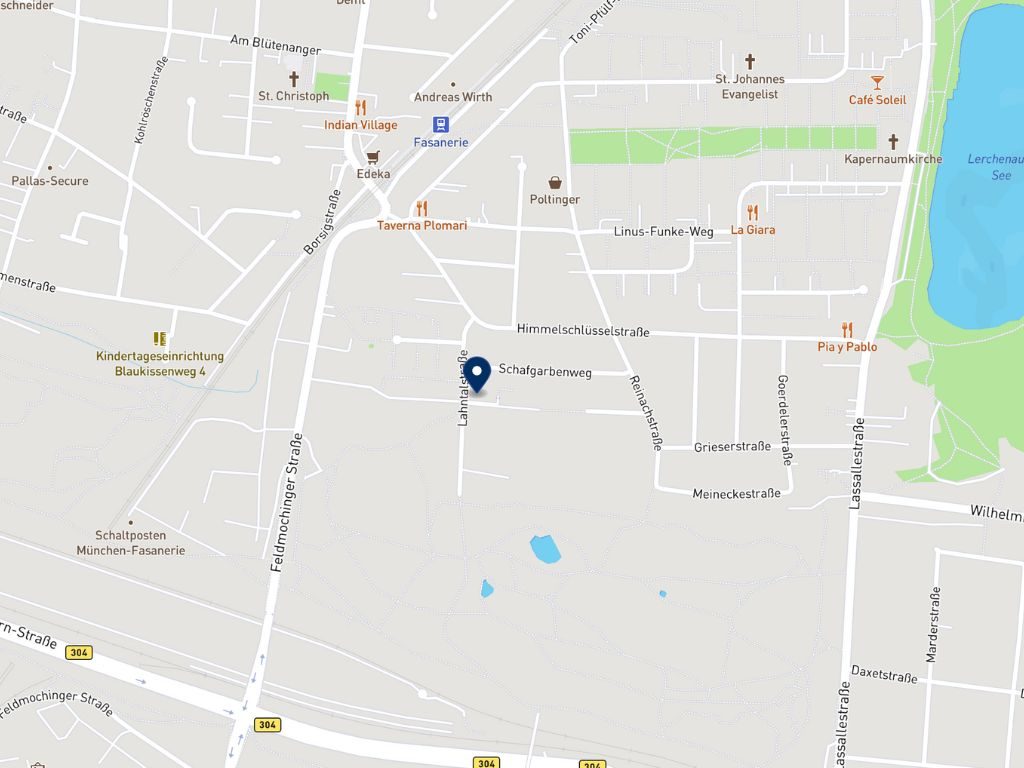 Kartenausschnitt mit Standortmarkierung der Immobilie in München-Fasanerie unweit vom Lerchenauer See