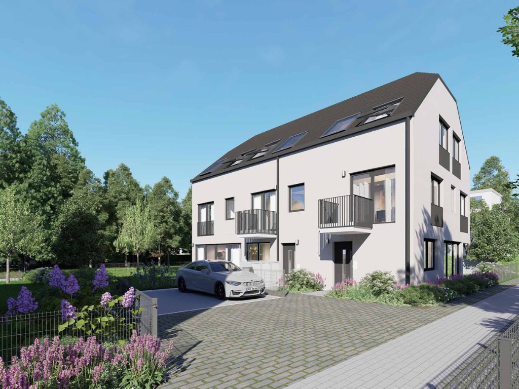 Moderne Doppelhaushälfte mit Auto-Stellplatz, Balkon und gepflegtem Vorgarten in München-Fasanerie bei Sonnenschein