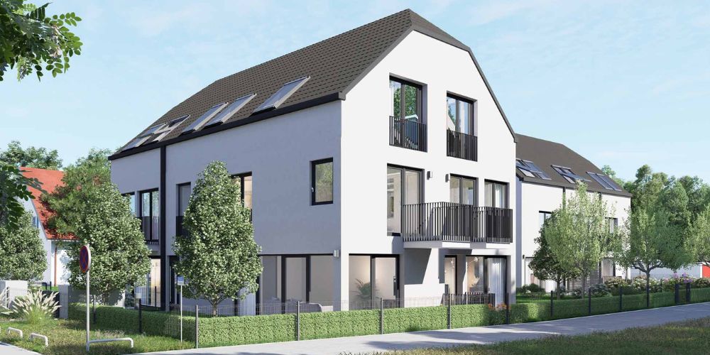 Ansicht eines modernen Neubau-Mehrfamilienhauses mit Balkonen und Garten in München bei sonnigem Wetter