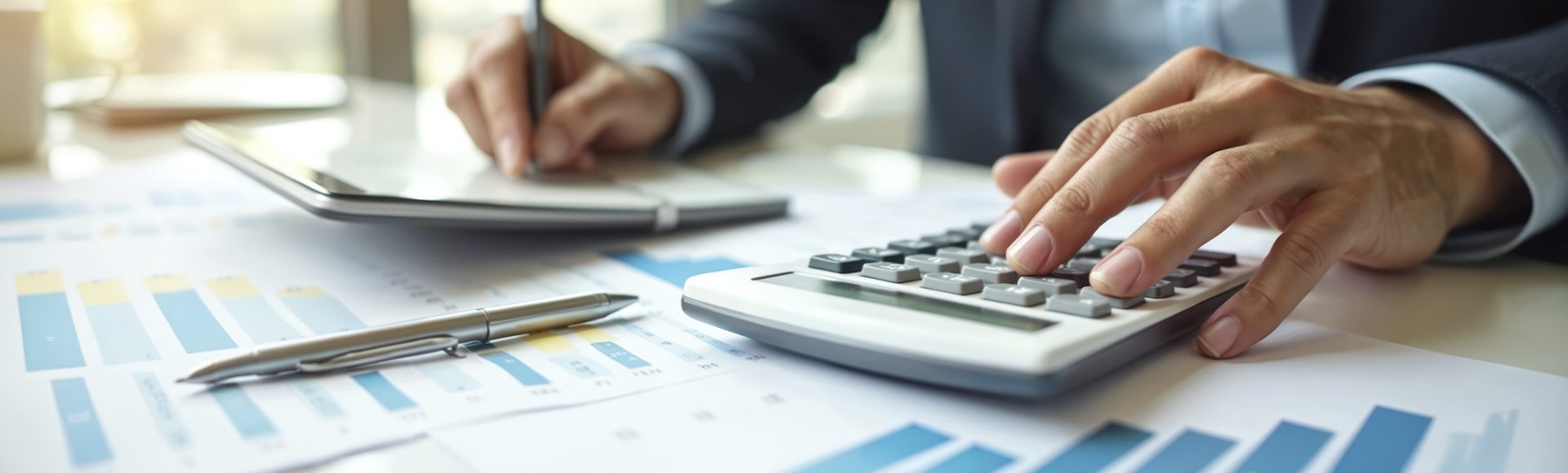 Finanzierungsrechner_slider7 Makler analysiert Sollzins und Effektivzins einer Immobilienfinanzierung anhand von Diagrammen und Taschenrechner in München
