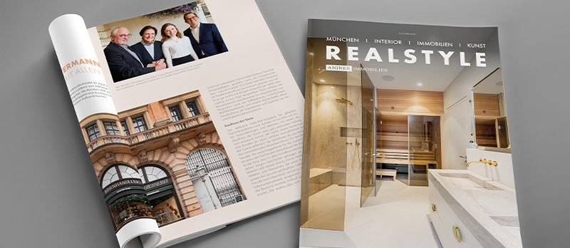 Mockup REALSTYLE 2025, Cover des Magazins mit luxuriösem Bad in hellen Farben