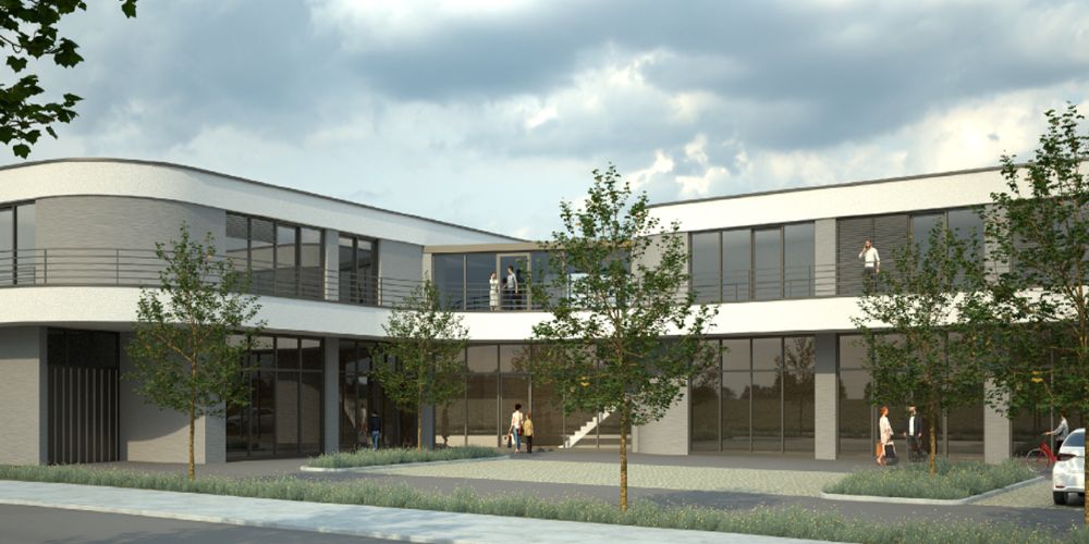 Visualisierung: Moderne Büroimmobilie in München mit großzügigen Glasfronten, Balkonen und begrüntem Innenhof