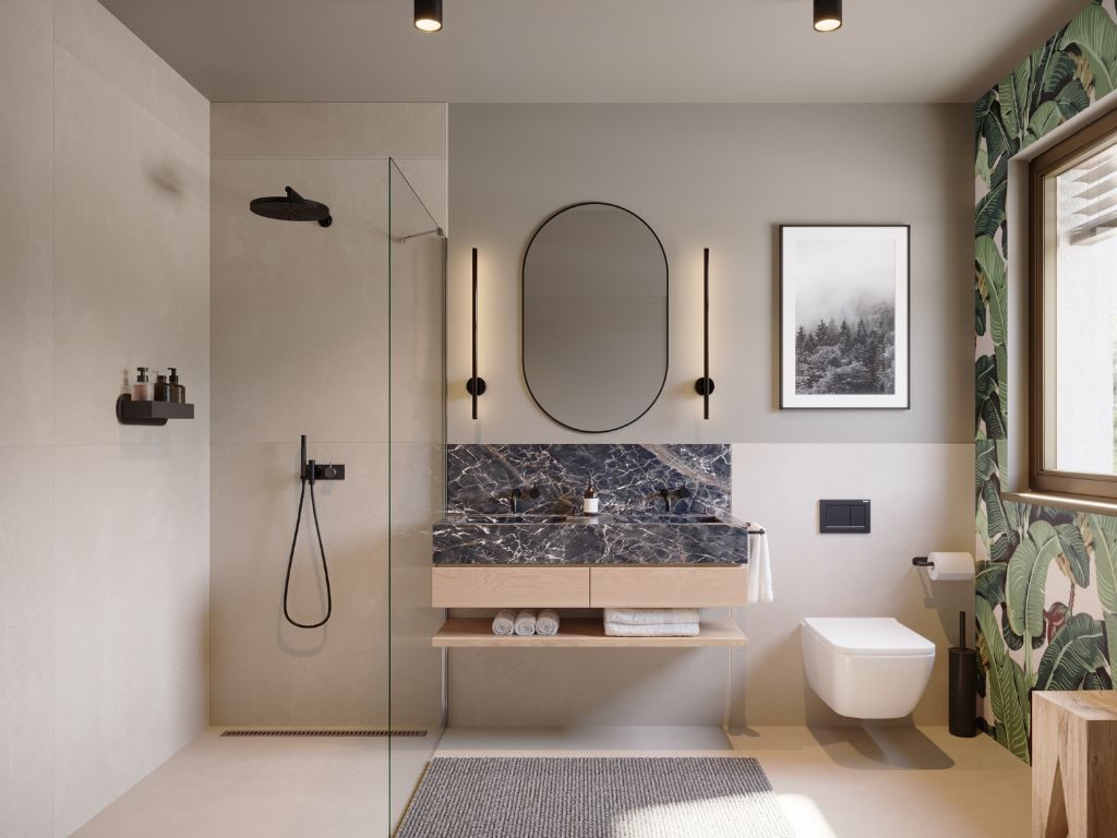 Hochwertiges Badezimmer einer modernen Immobilie in München mit bodengleicher Walk-in-Dusche, Design-Waschtisch, eleganten Armaturen und Tageslicht