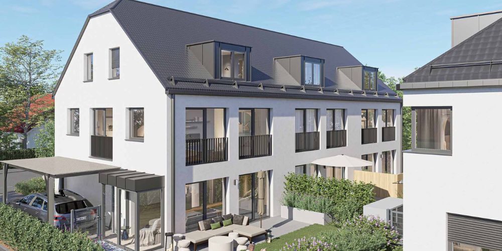 Neubauvisualisierung Moderne Neubau-Reihenhäuser mit Garten