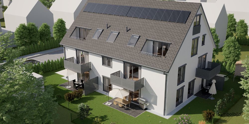 3D-Visualisierung einer modernen Doppelhaushälfte in München mit Balkonen, Terrasse, Garten und Solaranlage auf dem Dach in ruhiger Wohnlage
