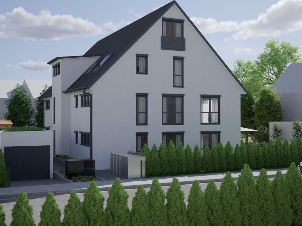 Seitenansicht einer modernen Doppelhaushälfte mit Garage, gepflegtem Garten und Hecke in familienfreundlicher Wohngegend in München