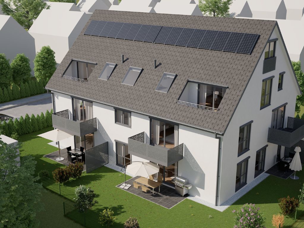 3D-Visualisierung einer modernen Doppelhaushälfte in München mit Balkonen, Terrasse, Garten und Solaranlage auf dem Dach in ruhiger Wohnlage