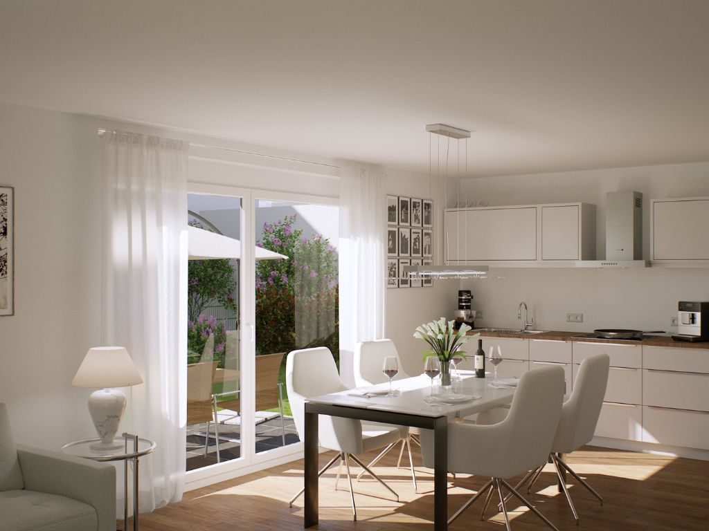 Heller Essbereich mit offener Küche, großen Fensterfronten und direktem Zugang zur Terrasse und Garten in moderner Neubauimmobilie in München