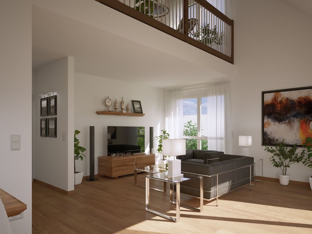 Modernes Wohnzimmer mit Galerie, großer Fensterfront, hochwertigem Parkettboden und stilvoller Einrichtung in Neubauimmobilie in München