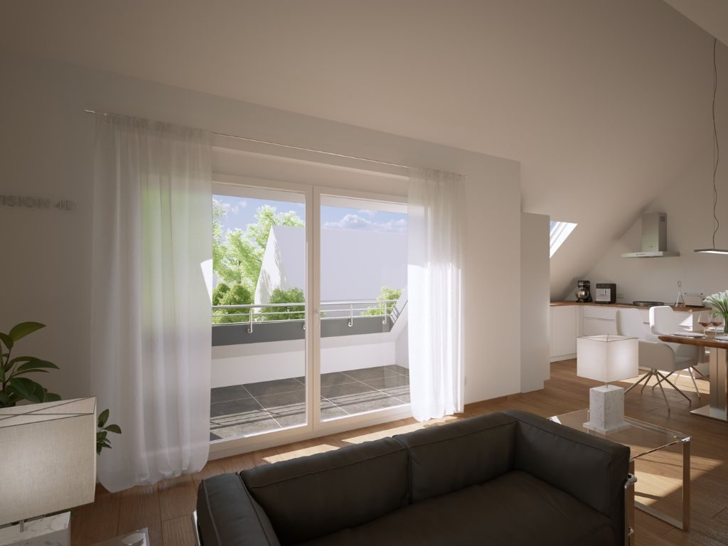 Lichtdurchflutetes Wohnzimmer mit großer Fensterfront, Zugang zum Balkon und offener Küche in hochwertiger Neubauwohnung in München