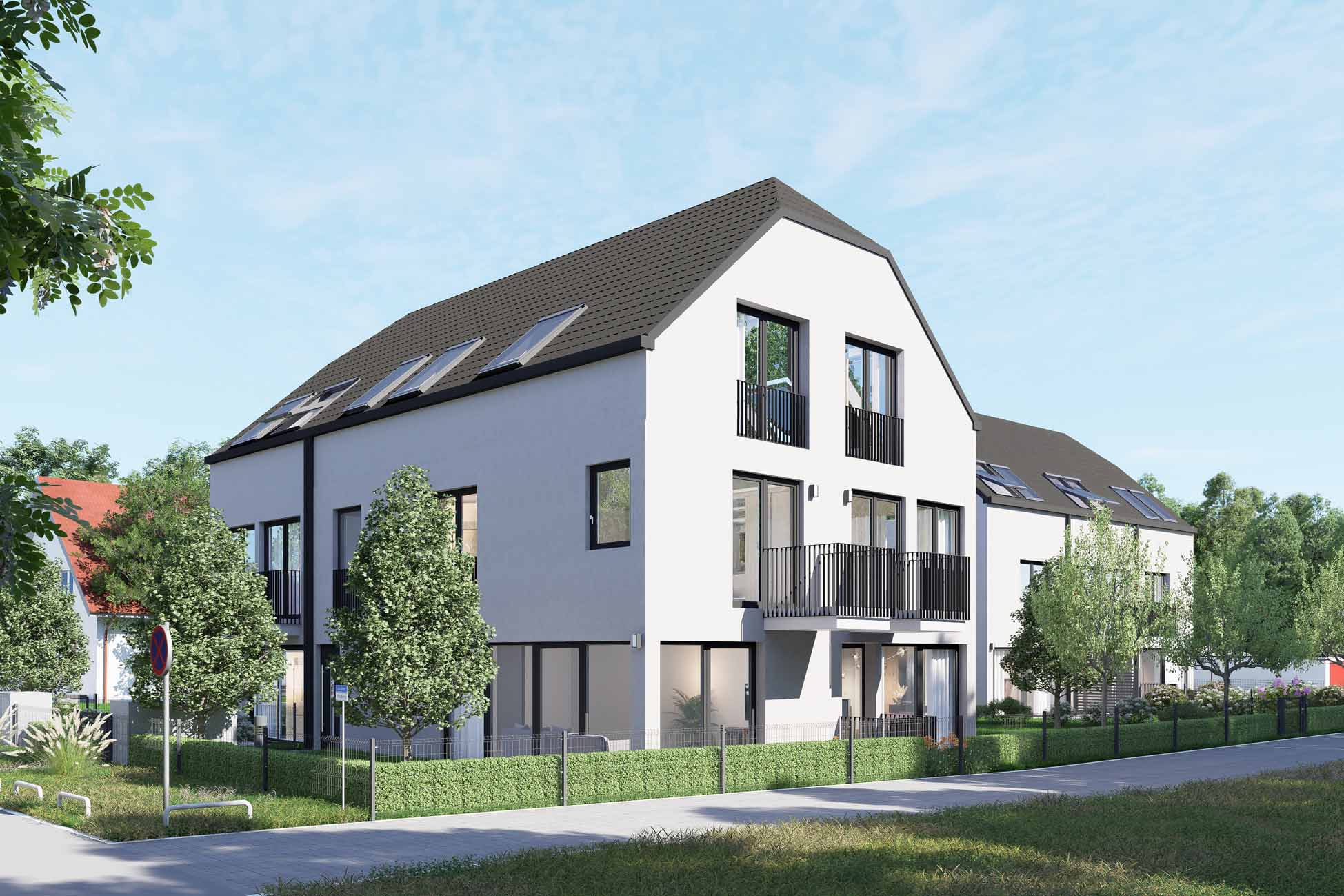 012LangFrontansicht Aigner Immobilien GmbH - Immobilienangebot - 80995 München - Feldmoching - Reiheneckhaus - Neubau zum Wohlfühlen – Wohnträume mit Stil und Garten