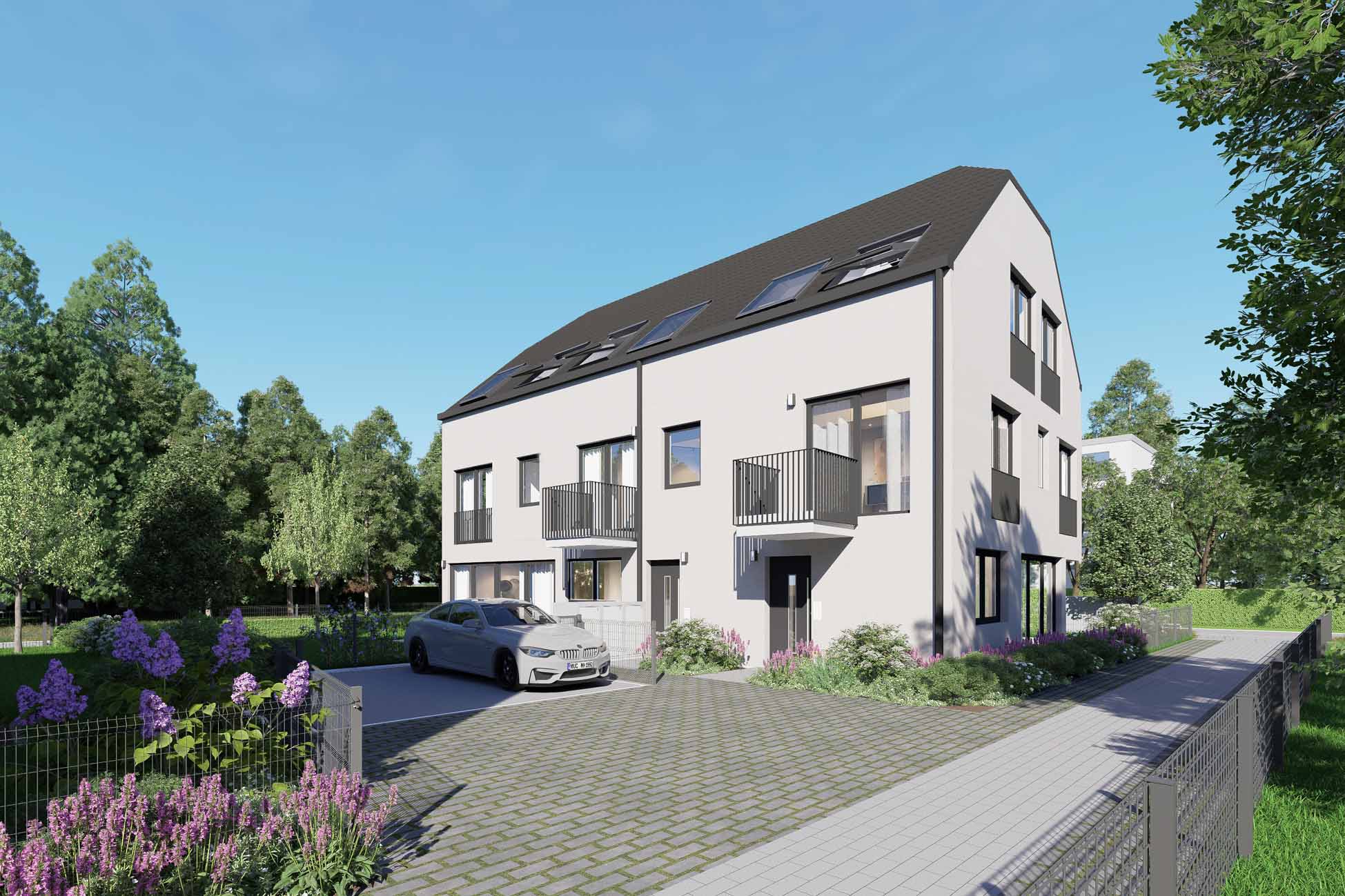 002LangAnsicht_Stellplaetze Aigner Immobilien GmbH - Immobilienangebot - 80995 München - Feldmoching - Reiheneckhaus - Neubau zum Wohlfühlen – Wohnträume mit Stil und Garten