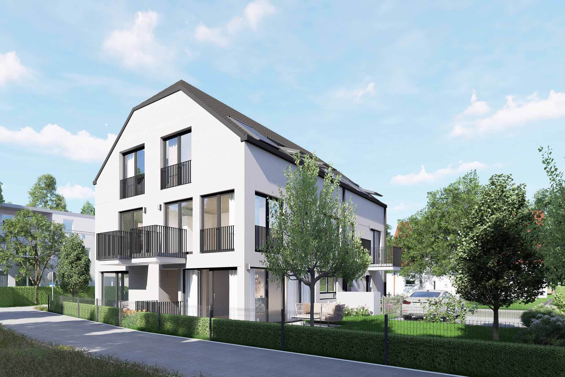 003LangRueckansicht Aigner Immobilien GmbH - Immobilienangebot - 80995 München - Feldmoching - Reiheneckhaus - Neubau zum Wohlfühlen – Wohnträume mit Stil und Garten