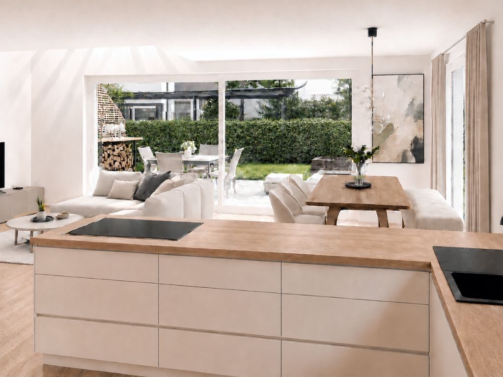 Heller offener Wohn- und Essbereich mit moderner Kücheninsel, bodentiefen Fenstern, Essplatz, Wohnlandschaft und direktem Zugang zur Terrasse und zum Garten in München