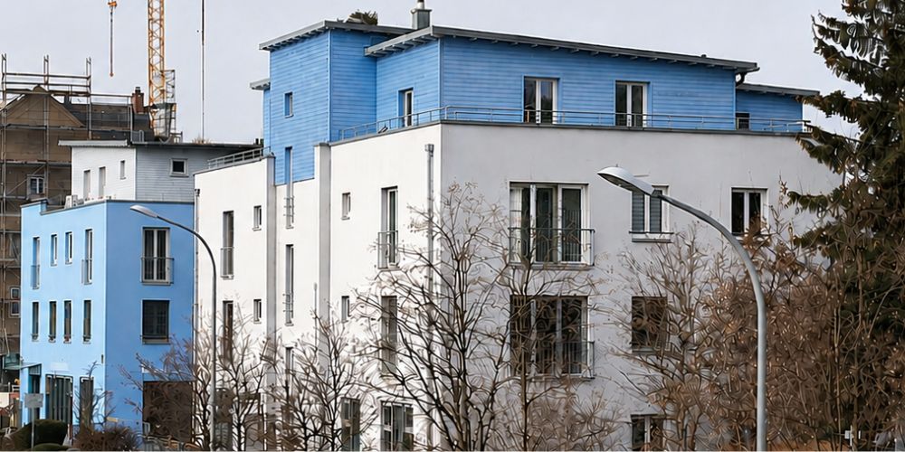Mehrfamilienhaus in München (44193) Außenansicht eines modernen Mehrfamilienhauses mit weißer Fassade, blauem Dachgeschoss und Balkonen