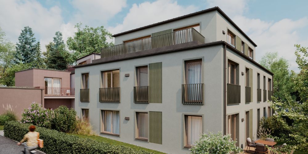 Moderne Wohnanlage in Dachau (44354) Visualisierung einer modernen Wohnanlage in Dachau mit zwei Mehrfamilienhäusern, Balkonen und begrünten Außenflächen