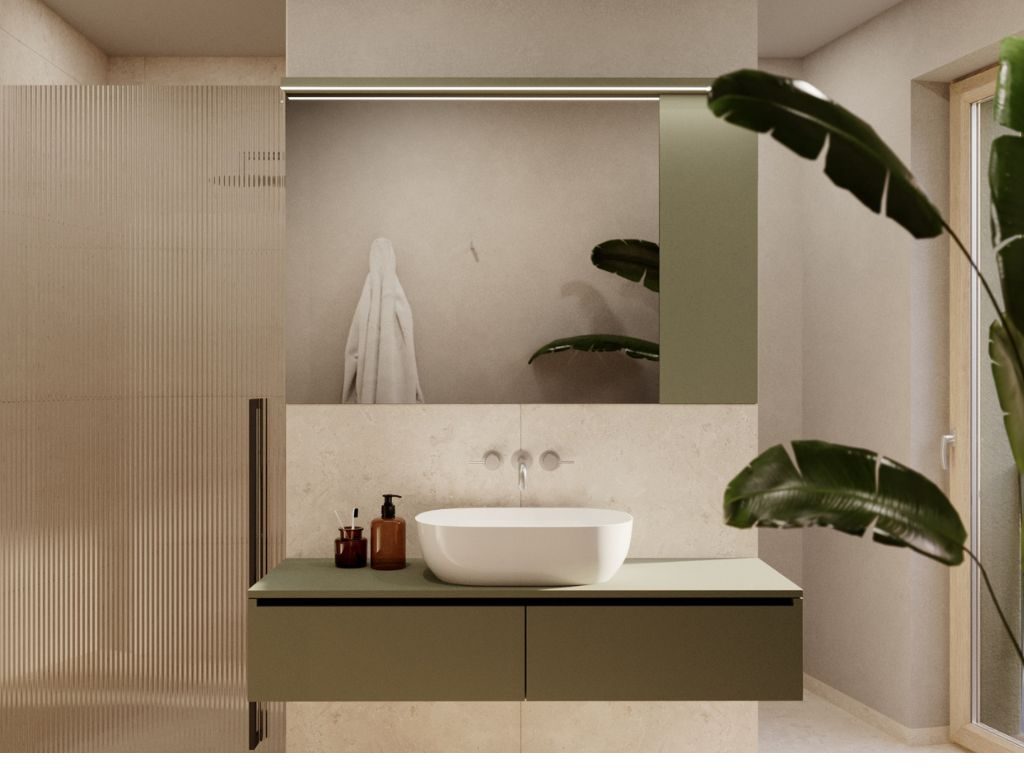 Visualisierung eines modernen Badezimmers mit Aufsatzwaschbecken, großem Spiegel, grüner Waschtischkonsole und Pflanzen