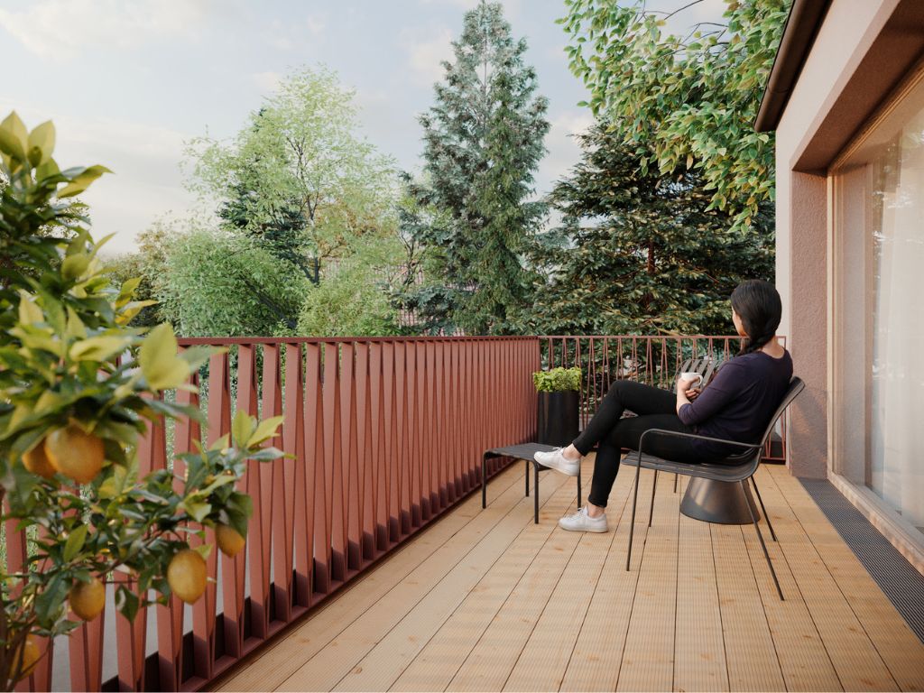 Visualisierung einer modernen Wohnanlage in München mit Terrasse und Blick ins Grüne