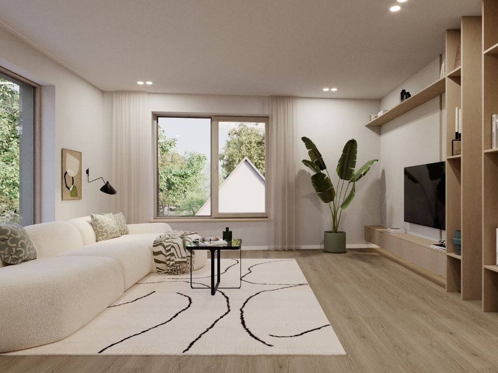 Visualisierung eines hellen Wohnzimmers mit Sofa, TV-Wand, Holzboden, großen Fenstern und moderner Einrichtung