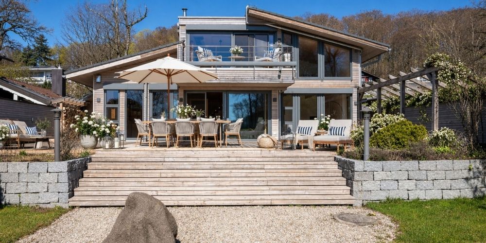 Modernes Einfamilienhaus mit Holzfassade, großer Terrasse, Balkon und gepflegtem Garten in naturnaher Lage bei München