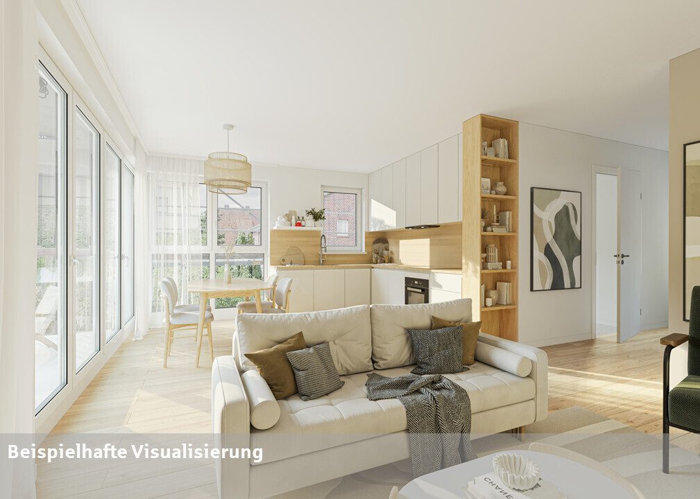 Visualisierung Ess- Wohnzimmer Immobilienangebot - Ahlen - Wohnen & Gewerbe - Neubau: Erdgeschosswohnung mit Garten im Herzen von Vorhelm!