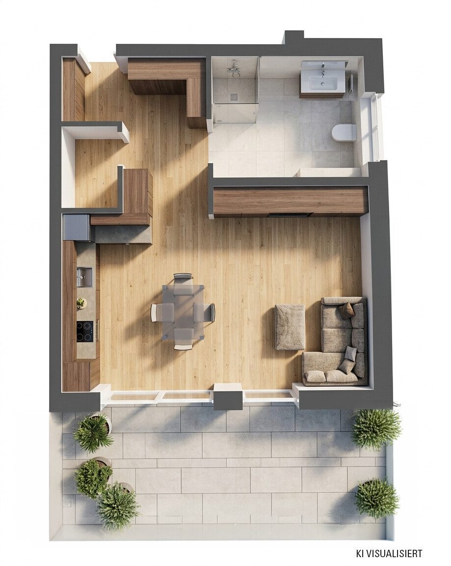 3D Grundriss KI generiert Immobilienangebot - Rottweil - Wohnungen - Ankommen & wohlfühlen: 1-Zimmer-Apartment mit Terrasse & TG auf der Spitalhöhe