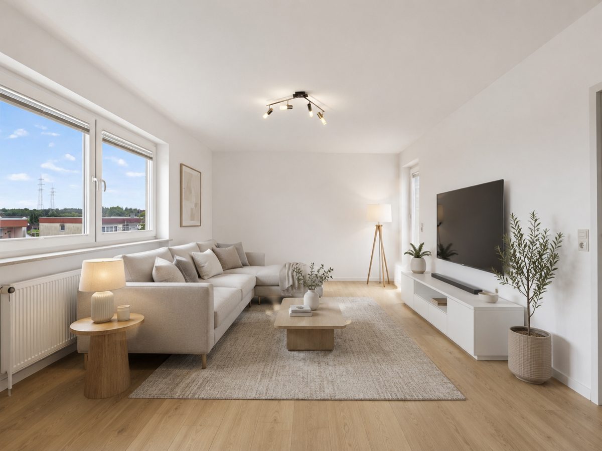 Wohnbeispiel Wohnzimmer -KI generiert Immobilienangebot - Eggenstein-Leopoldshafen / Leopoldshafen - Wohnungen - Flexibel wohnen mit Potenzial: 3,5- oder 4-Zimmer-Eigentumswohnung, entscheiden Sie selbst!