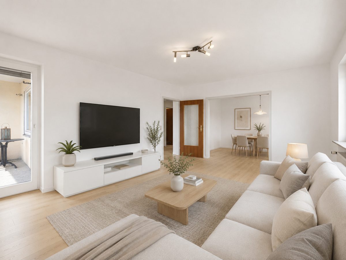 Wohnbeispiel Wohnzimmer -KI generiert Immobilienangebot - Eggenstein-Leopoldshafen / Leopoldshafen - Wohnungen - Flexibel wohnen mit Potenzial: 3,5- oder 4-Zimmer-Eigentumswohnung, entscheiden Sie selbst!