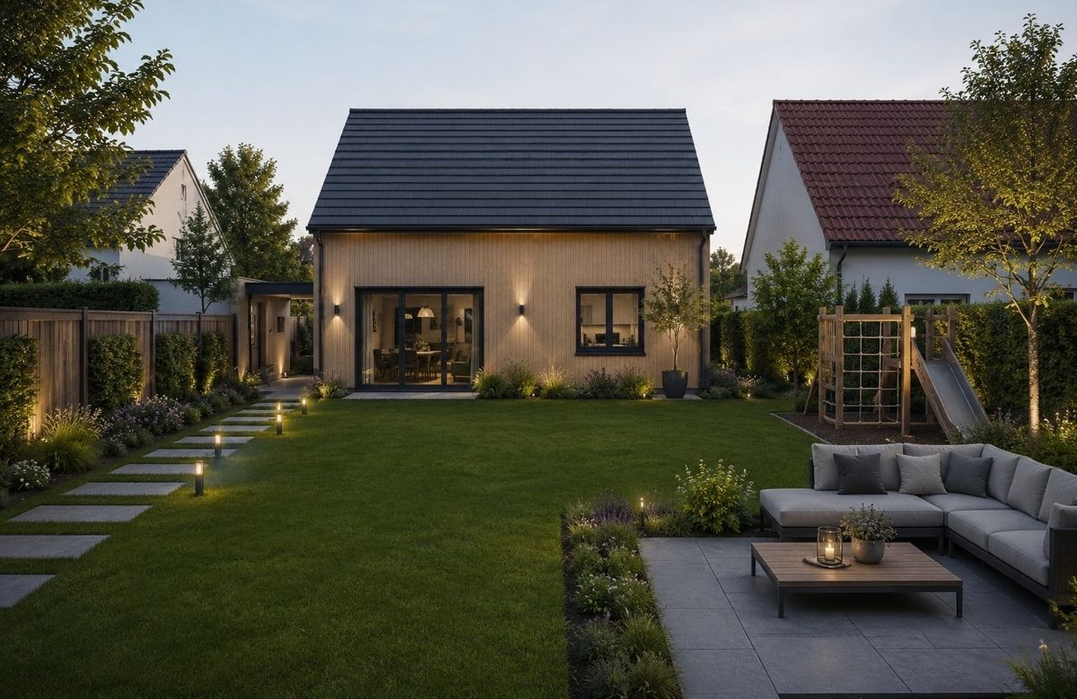 Garten – KI-Visualisierung Immobilienangebot - Linkenheim-Hochstetten / Hochstetten - Wohnen & Anlage - Projektimmobilie mit Zukunft: Entkerntes Einfamilienhaus mit großem Grundstück und Bauvoranfrage!