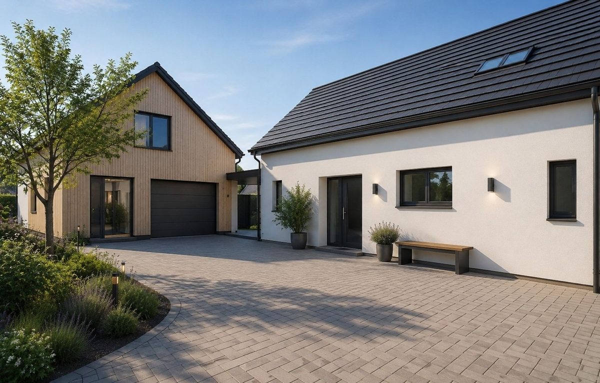 Hof – KI-Visualisierung Immobilienangebot - Linkenheim-Hochstetten / Hochstetten - Wohnen & Anlage - Projektimmobilie mit Zukunft: Entkerntes Einfamilienhaus mit großem Grundstück und Bauvoranfrage!