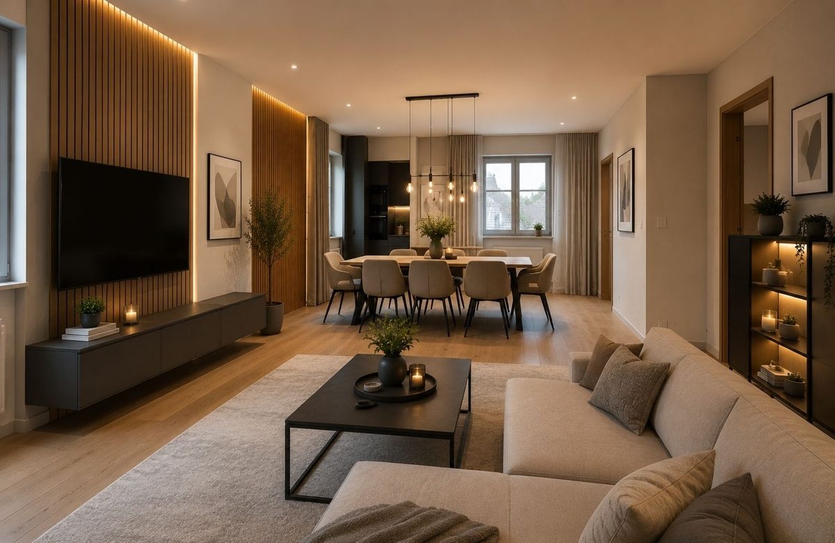 Wohnbereich – KI-Visualisierung Immobilienangebot - Linkenheim-Hochstetten / Hochstetten - Wohnen & Anlage - Projektimmobilie mit Zukunft: Entkerntes Einfamilienhaus mit großem Grundstück und Bauvoranfrage!