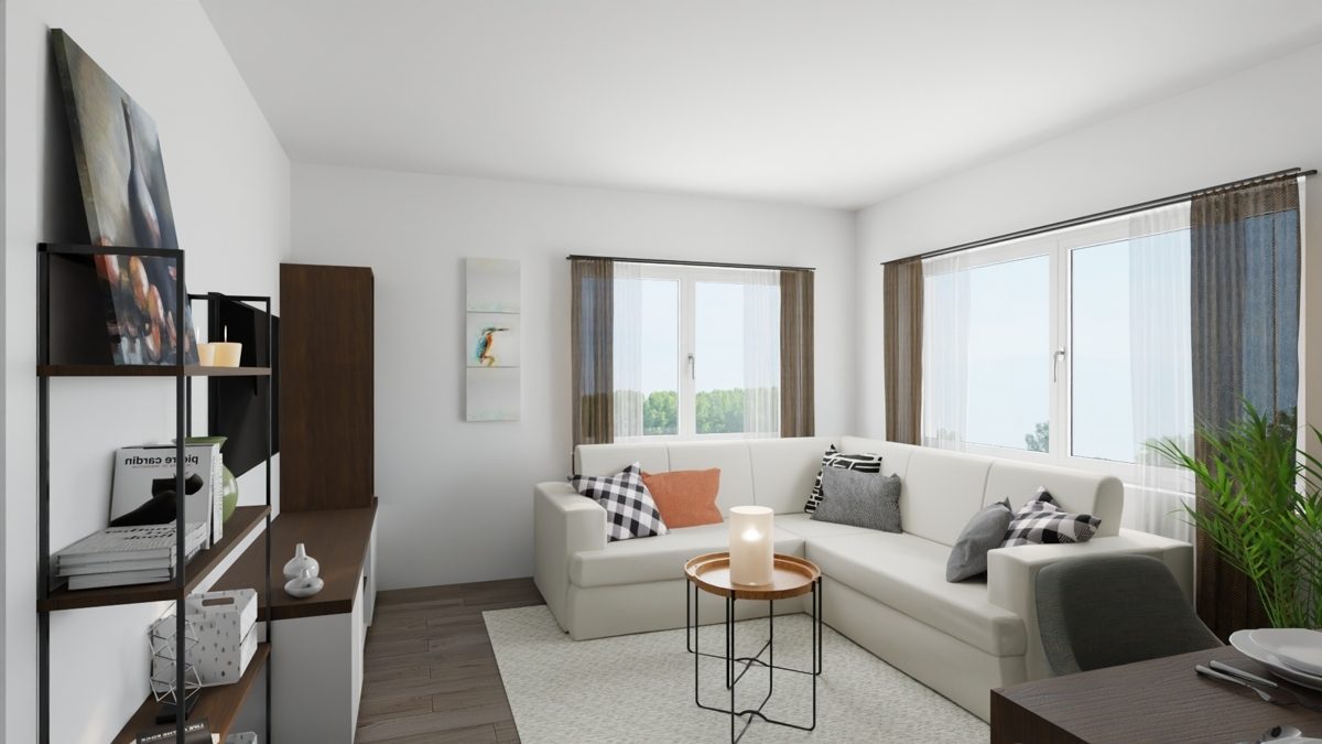 Wohnbeispiel OG – Wohnzimmer (KI generiert) Immobilienangebot - Rheinstetten / Mörsch - Wohnen & Anlage - Kapitalanlage mit Zukunft - Ihr Zweifamilienhaus mit Perspektive