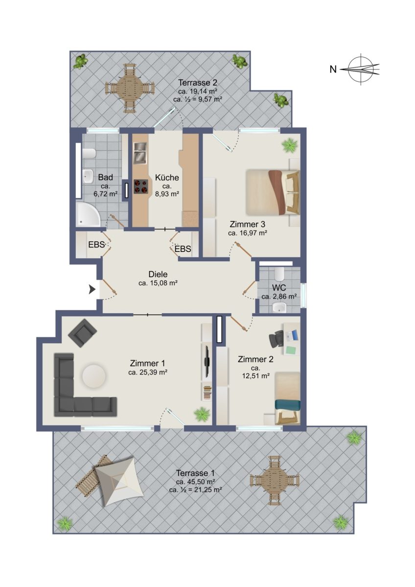 Immobilienangebot - Hamburg / Rahlstedt - Alle - Alt-Rahlstedt: Attraktive 3 - Zimmer Wohnung mit großen Dachterrassen sowie TG - Stellplatz