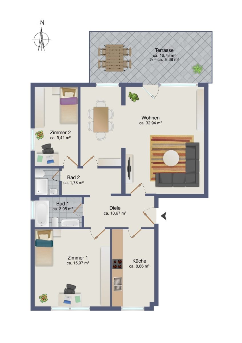 Immobilienangebot - Hamburg / Rahlstedt - Alle - Attraktive 3-Zimmer-Wohnung mit schöner Terrasse sowie Stellplatz