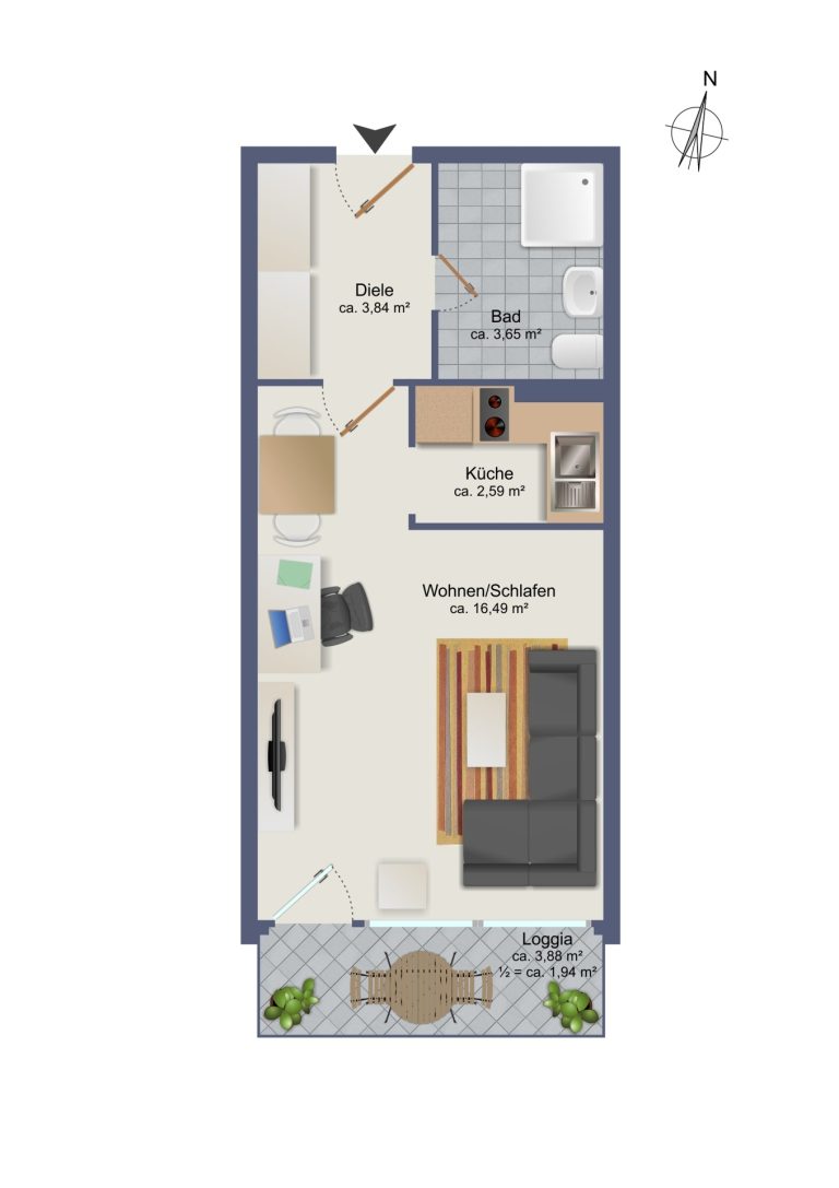 Immobilienangebot - Hamburg / Rahlstedt - Alle - TOP-1-Zimmer-Wohnung im Hochparterre, komplett möbliert und sofort bezugsfertig oder vermietbar