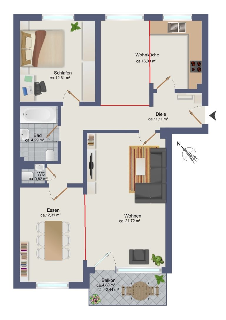 Immobilienangebot - Rellingen - Alle - Raum für eigene Ideen: schön geschnittene Wohnung mit 2,5 Zimmern, Balkon und PKW-Stellplatz