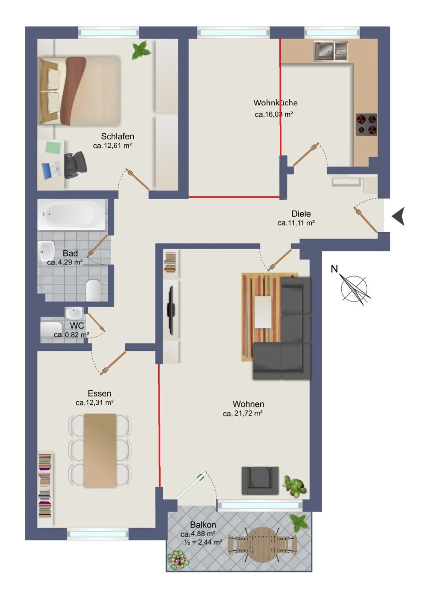 Immobilienangebot - Rellingen - Alle - Raum für eigene Ideen: schön geschnittene Wohnung mit 2,5 Zimmern, Balkon und PKW-Stellplatz