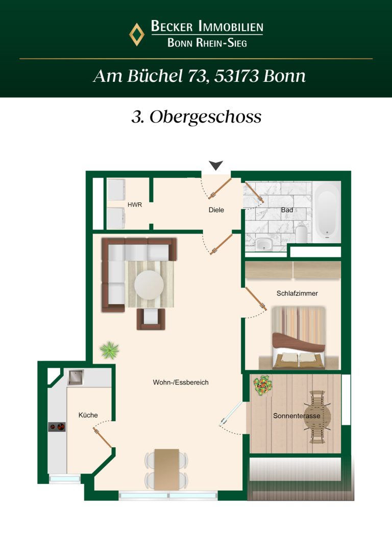 Immobilienangebot - Bonn-Plittersdorf - Alle - Bezugsfreie 2-Zimmer-Wohnung mit Sonnenterrasse in unmittelbarer Rheinnähe von Bonn - Plittersdorf